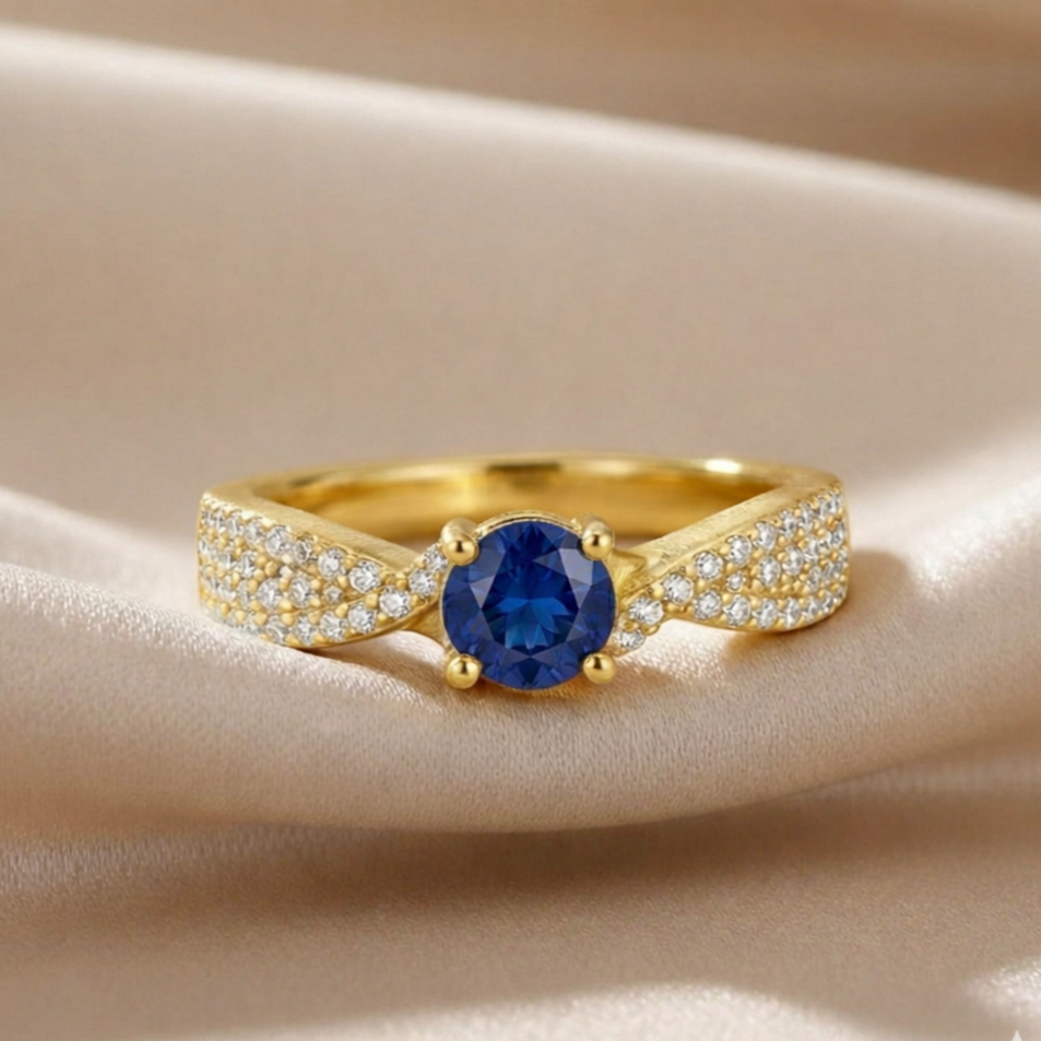 1.39 Ct Round Blue Sapphire and White Sapphire Prong 22K Gold Vermeil Engagement Ring
