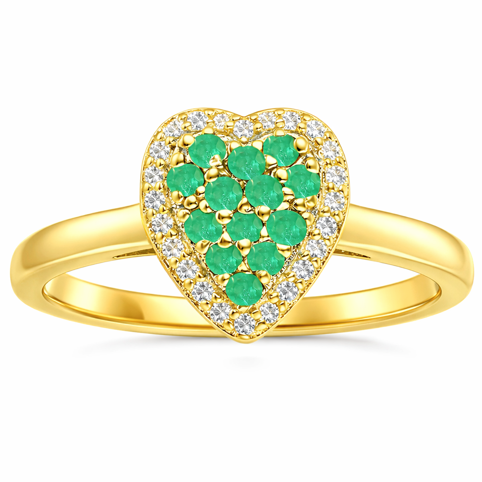 0.70 Ct Round Green Emerald and Moissanite Prong 22K Gold Vermeil Heart Halo Ring