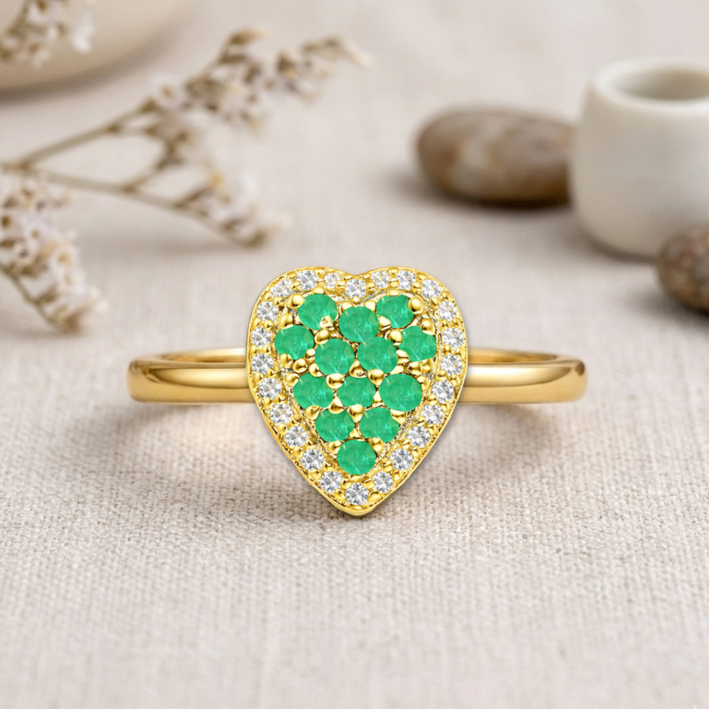 0.70 Ct Round Green Emerald and Moissanite Prong 22K Gold Vermeil Heart Halo Ring