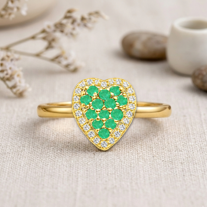0.70 Ct Round Green Emerald and Moissanite Prong 22K Gold Vermeil Heart Halo Ring
