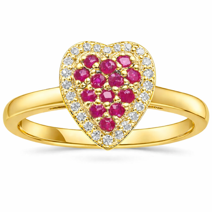 0.70 Ct Round Red Ruby 22k Gold Vermeil Fashion Cluster Halo Heart Pave Ring
