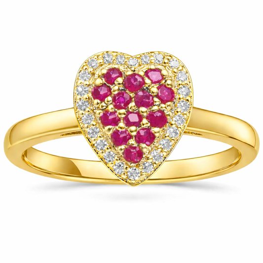 0.70 Ct Round Red Ruby 22k Gold Vermeil Fashion Cluster Halo Heart Pave Ring