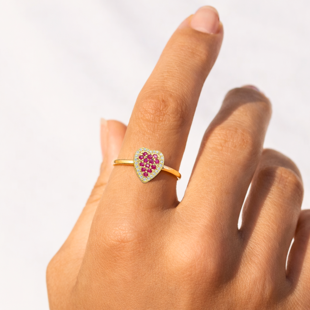 0.70 Ct Round Red Ruby 22k Gold Vermeil Fashion Cluster Halo Heart Pave Ring