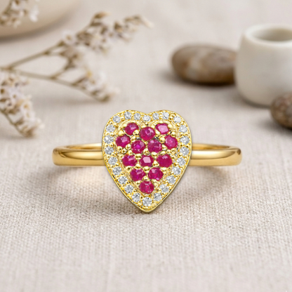 0.70 Ct Round Red Ruby 22k Gold Vermeil Fashion Cluster Halo Heart Pave Ring