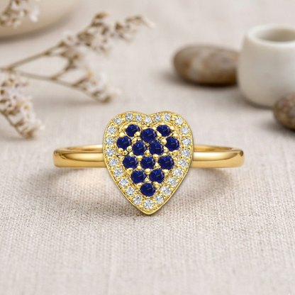 0.70 Ct Round Blue Sapphire Prong 22k Gold Vermeil Heart Halo Statement Ring