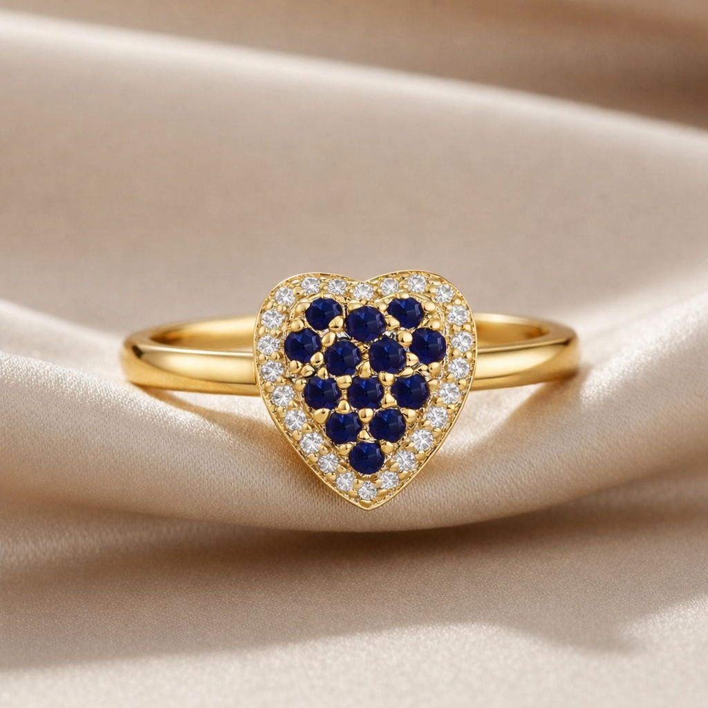 0.70 Ct Round Blue Sapphire Prong 22k Gold Vermeil Heart Halo Statement Ring