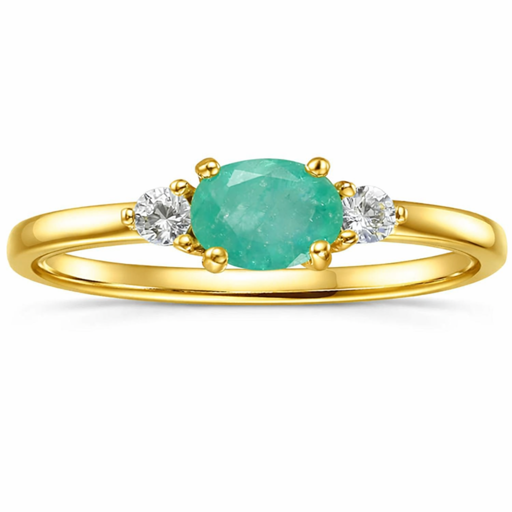 0.43 Ct Oval Green Emerald and White Sapphire Prong 22K Gold Vermeil Three Stone Promise Ring