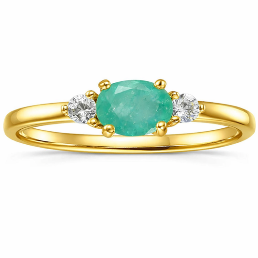 0.43 Ct Oval Green Emerald and White Sapphire Prong 22K Gold Vermeil Three Stone Promise Ring