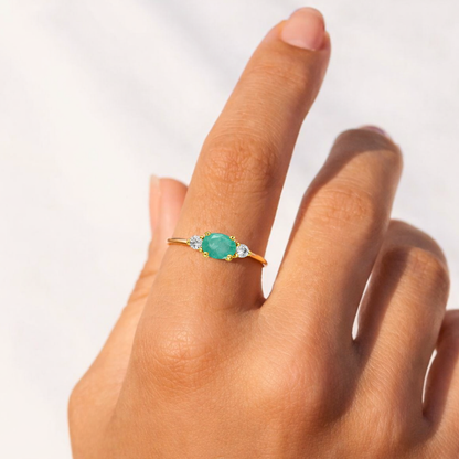 0.43 Ct Oval Green Emerald and White Sapphire Prong 22K Gold Vermeil Three Stone Promise Ring