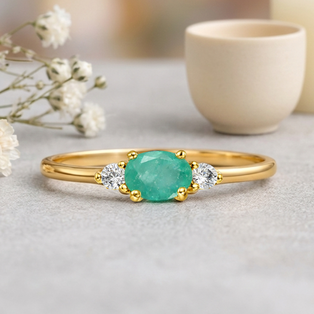 0.43 Ct Oval Green Emerald and White Sapphire Prong 22K Gold Vermeil Three Stone Promise Ring