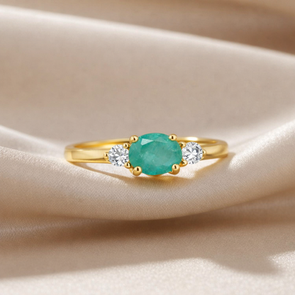 0.43 Ct Oval Green Emerald and White Sapphire Prong 22K Gold Vermeil Three Stone Promise Ring