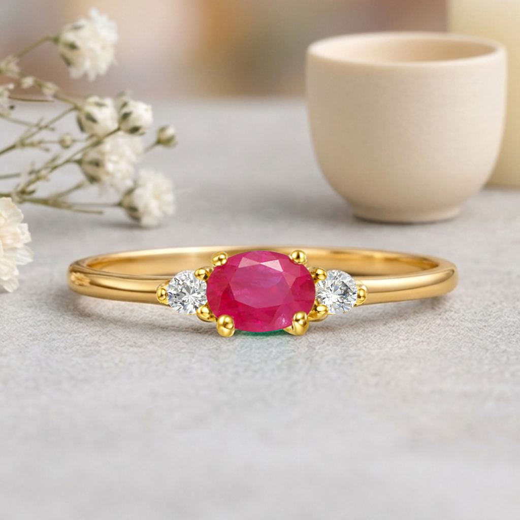 0.45 Ct Oval Red Ruby 22k Gold Vermeil Ruby Oval Three Stone Claw Ring