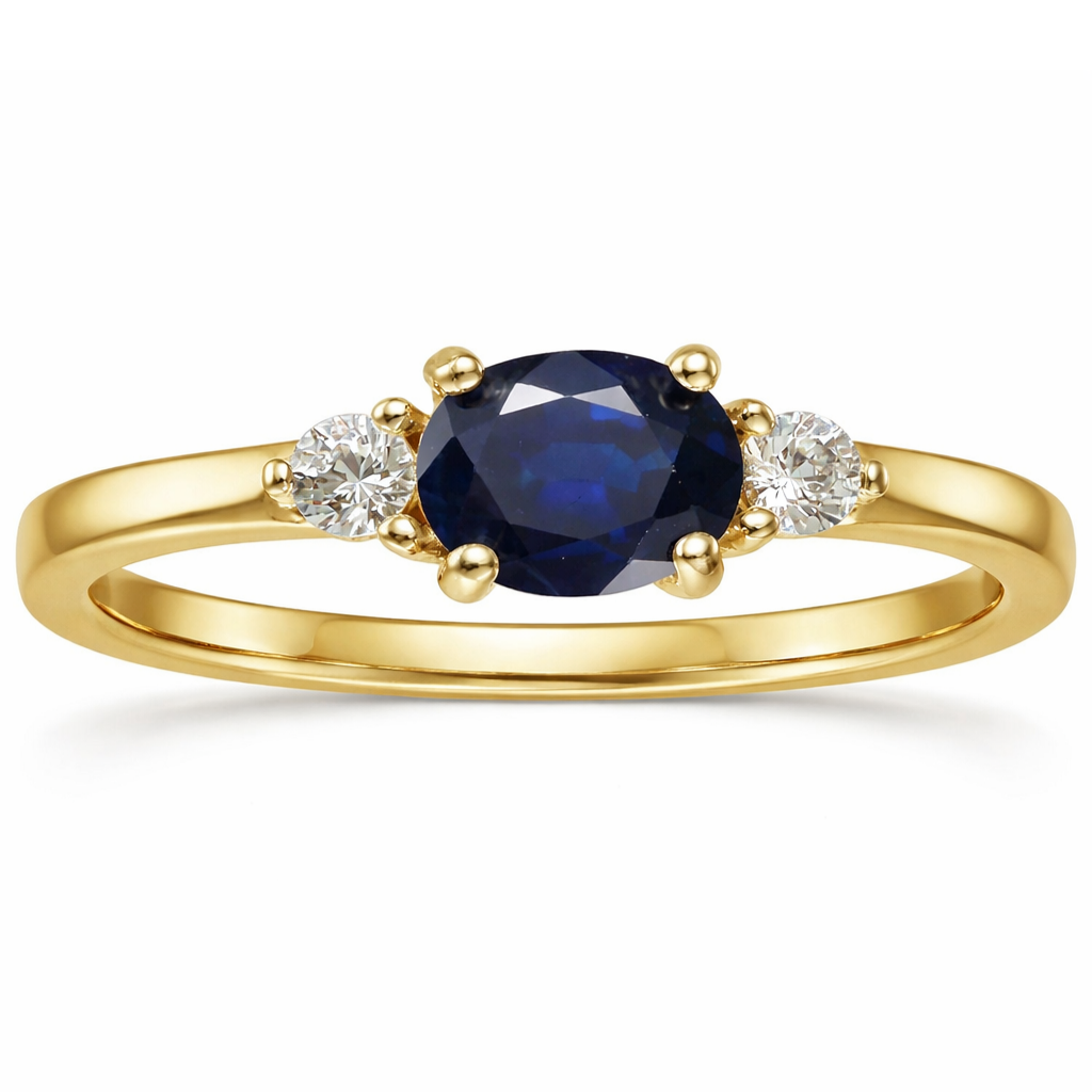 0.53 Ct Oval Blue Sapphire and White Sapphire Prong 22k Gold Vermeil Three Stone Promise Ring