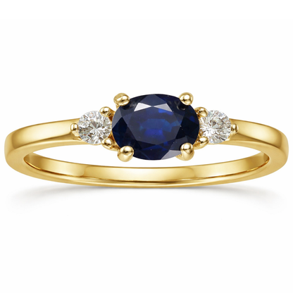 0.53 Ct Oval Blue Sapphire and White Sapphire Prong 22k Gold Vermeil Three Stone Promise Ring