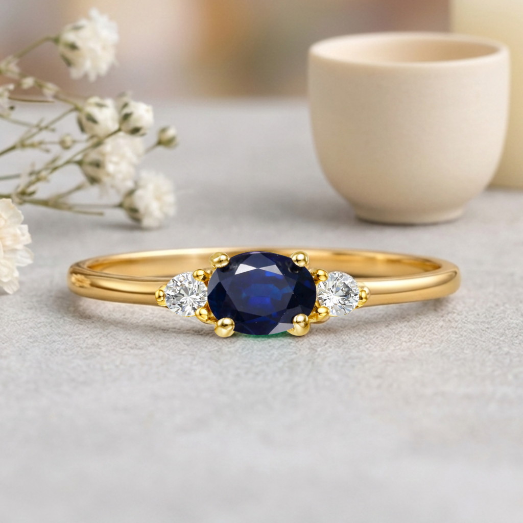 0.53 Ct Oval Blue Sapphire and White Sapphire Prong 22k Gold Vermeil Three Stone Promise Ring