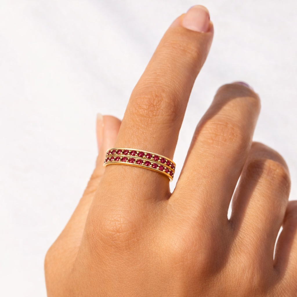 0.75 Ct Round Red Ruby 22k Gold Vermeil Dual Eternity Pave Ring