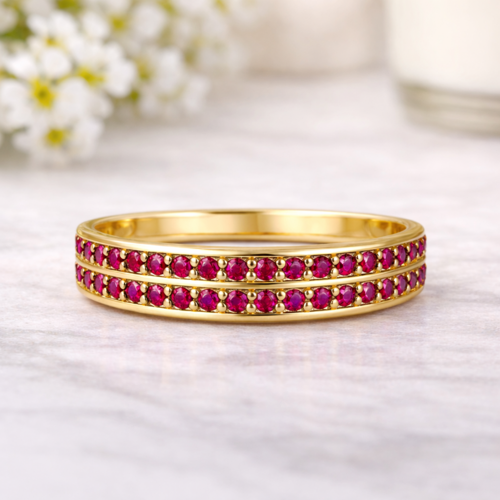 0.75 Ct Round Red Ruby 22k Gold Vermeil Dual Eternity Pave Ring