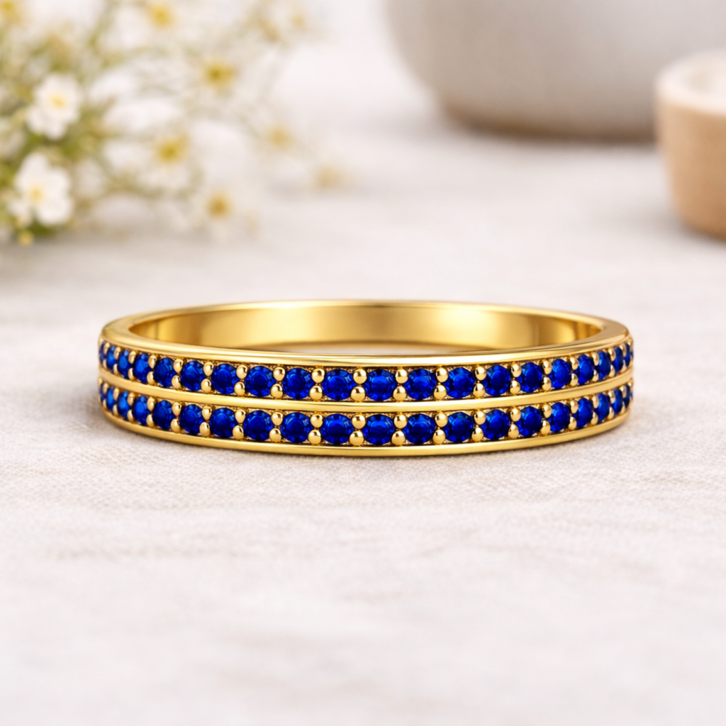 0.75 Ct Round Blue Sapphire Prong 22k Gold Vermeil Dual Eternity Ring