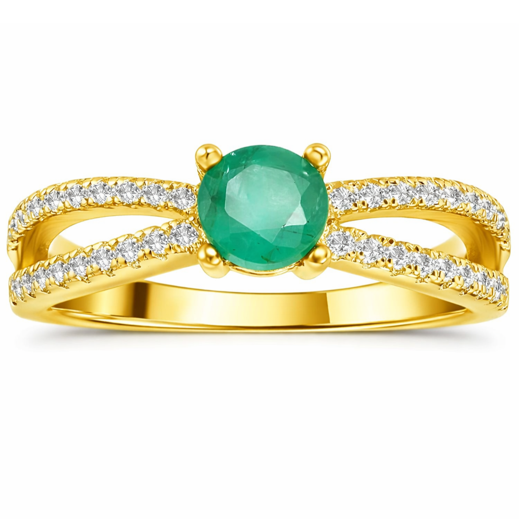 0.60 Ct Round Green Emerald and White Sapphire Prong 22K Gold Vermeil Split Band Pave Engagement Ring