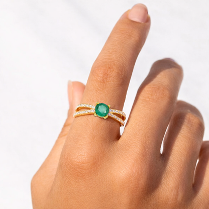 0.60 Ct Round Green Emerald and White Sapphire Prong 22K Gold Vermeil Split Band Pave Engagement Ring