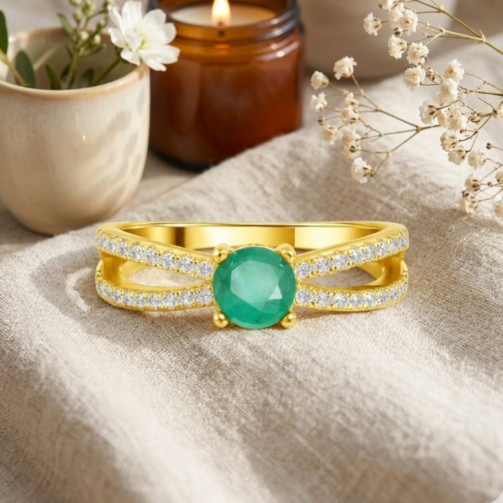 0.60 Ct Round Green Emerald and White Sapphire Prong 22K Gold Vermeil Split Band Pave Engagement Ring