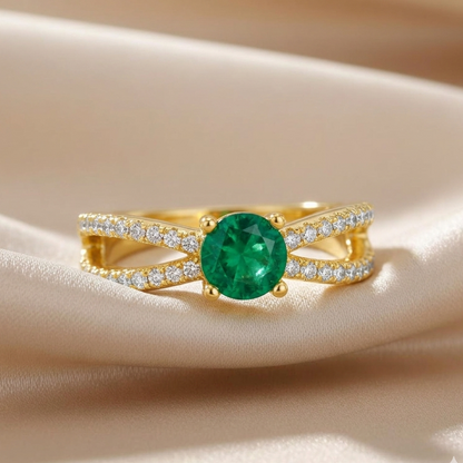 0.60 Ct Round Green Emerald and White Sapphire Prong 22K Gold Vermeil Split Band Pave Engagement Ring
