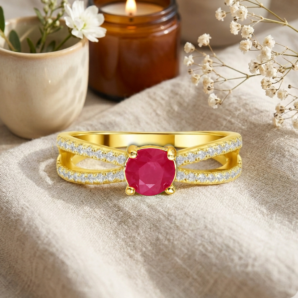 0.40 Ct Round Red Ruby 22k Gold Vermeil Split Band Prong Pave Ring