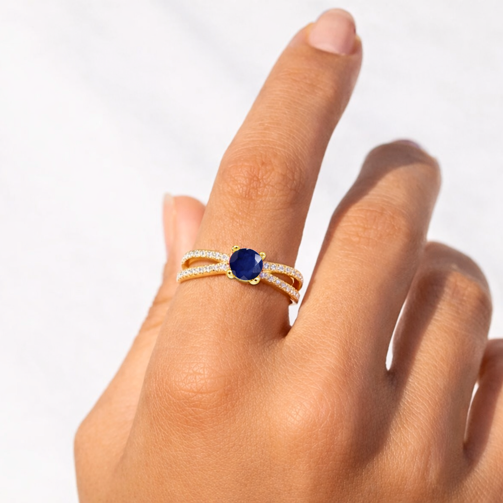 0.60 Ct Oval Blue Sapphire and White Sapphire Prong 22k Gold Vermeil Split Band Pave Wedding Ring