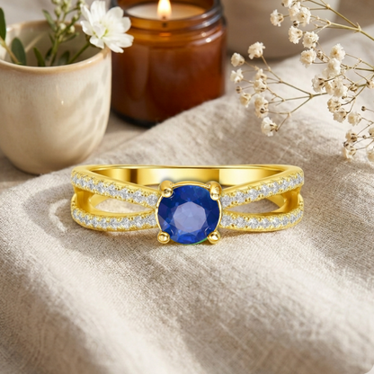 0.60 Ct Oval Blue Sapphire and White Sapphire Prong 22k Gold Vermeil Split Band Pave Wedding Ring