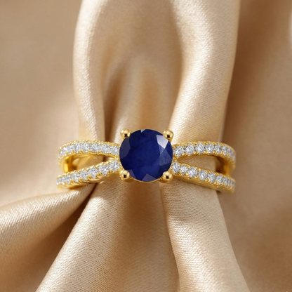 0.60 Ct Oval Blue Sapphire and White Sapphire Prong 22k Gold Vermeil Split Band Pave Wedding Ring