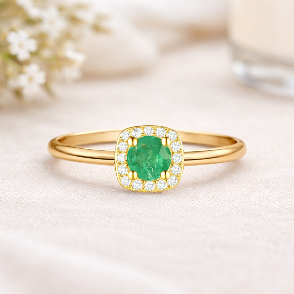0.35 Ct Round Green Emerald and Moissanite Prong 22K Gold Vermeil Cushion Halo Ring