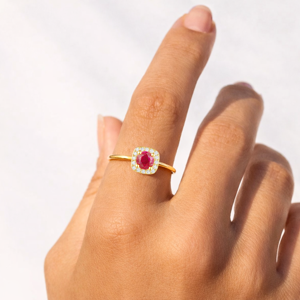 Round Red Ruby 22k Gold Vermeil Prong Petite Halo Ring