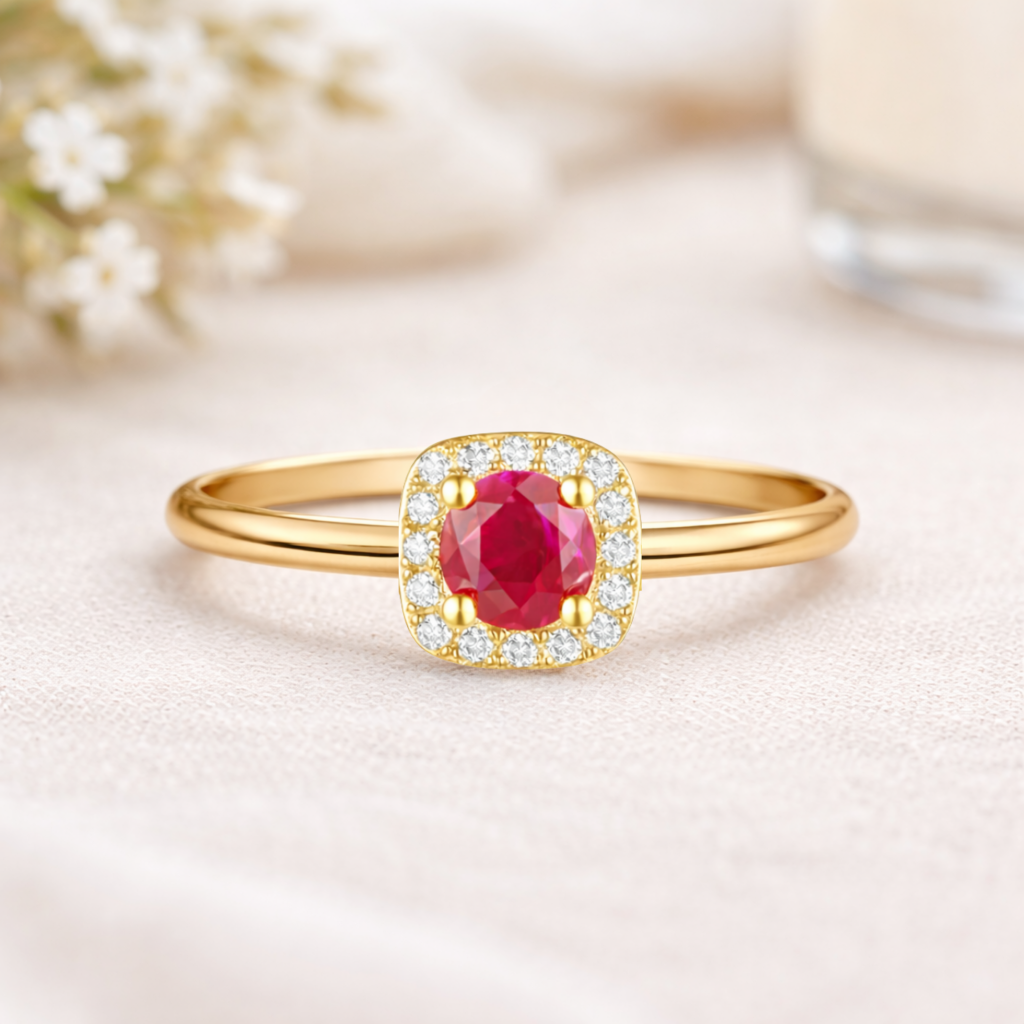 Round Red Ruby 22k Gold Vermeil Prong Petite Halo Ring