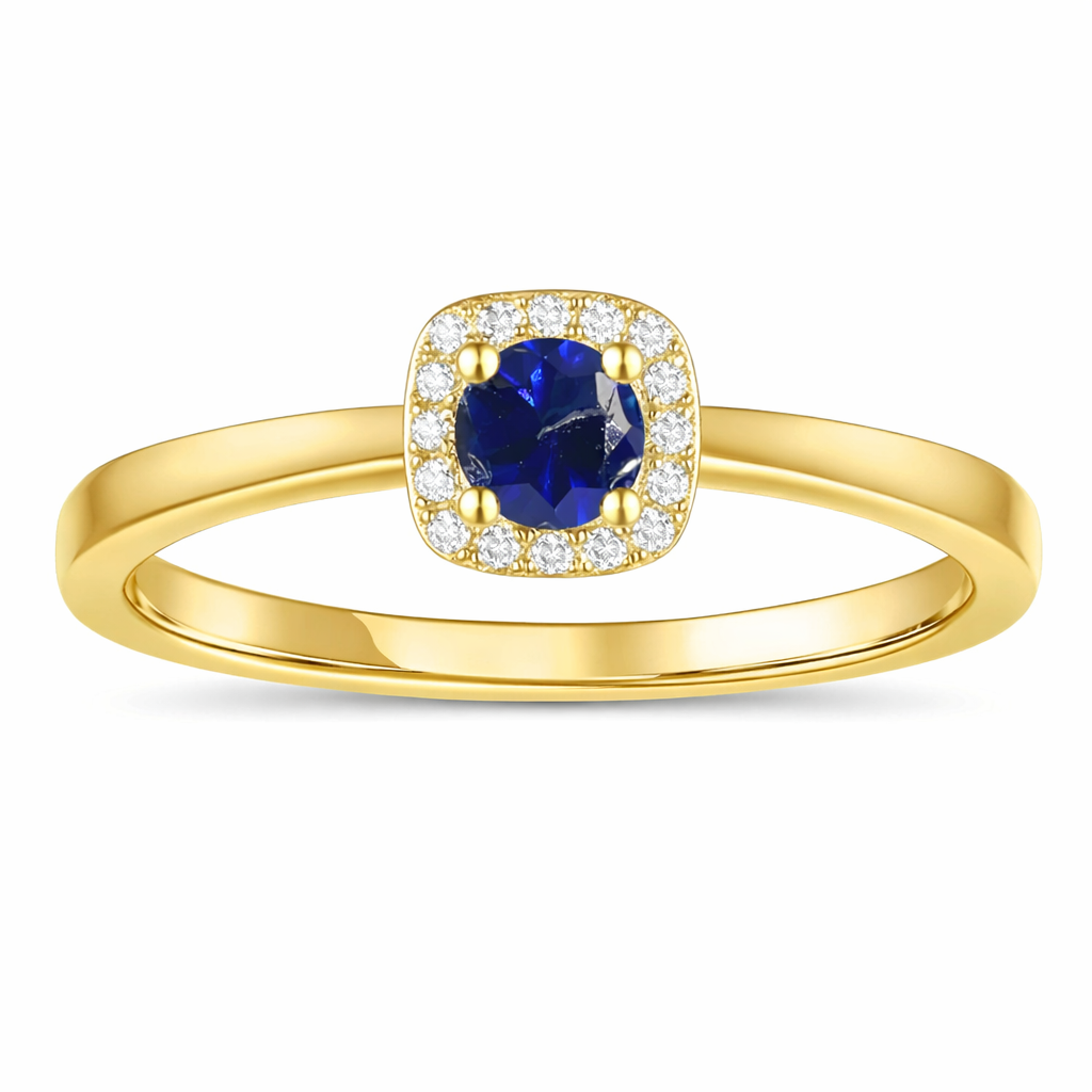 0.40 Ct Round Blue Sapphire and Moissanite Prong 22k Gold Vermeil Halo Stackable Ring