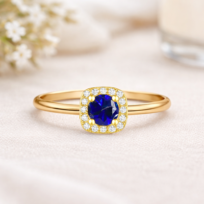 0.40 Ct Round Blue Sapphire and Moissanite Prong 22k Gold Vermeil Halo Stackable Ring