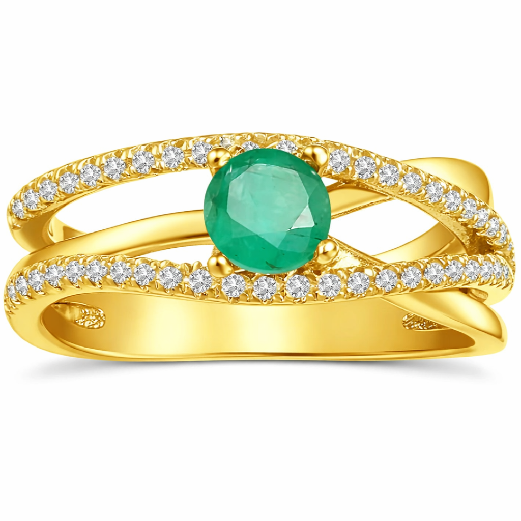 0.65 Ct Round Green Emerald and White Sapphire Prong 22K Gold Vermeil Pave Split Band Ring
