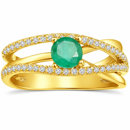 0.65 Ct Round Green Emerald and White Sapphire Prong 22K Gold Vermeil Pave Split Band Ring