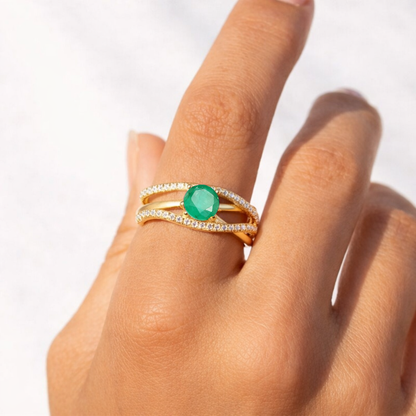 0.65 Ct Round Green Emerald and White Sapphire Prong 22K Gold Vermeil Pave Split Band Ring