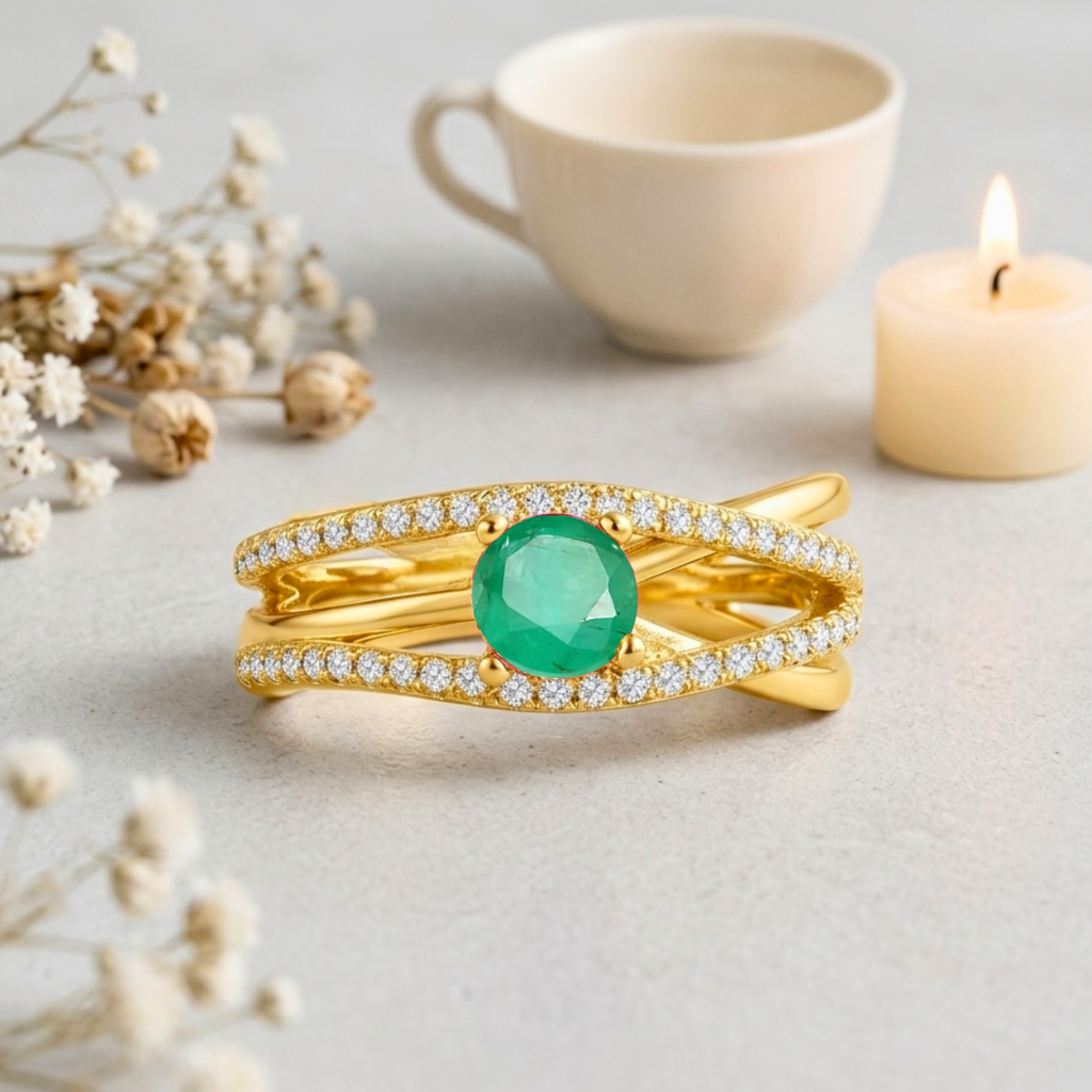 0.65 Ct Round Green Emerald and White Sapphire Prong 22K Gold Vermeil Pave Split Band Ring