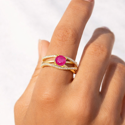0.65 Ct Round Red Ruby 22k Gold Vermeil Split Band Fashion Prong Pave Ring
