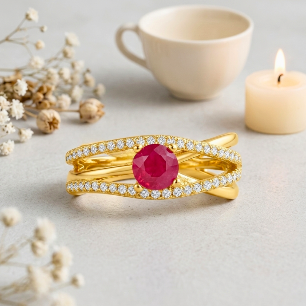 0.65 Ct Round Red Ruby 22k Gold Vermeil Split Band Fashion Prong Pave Ring