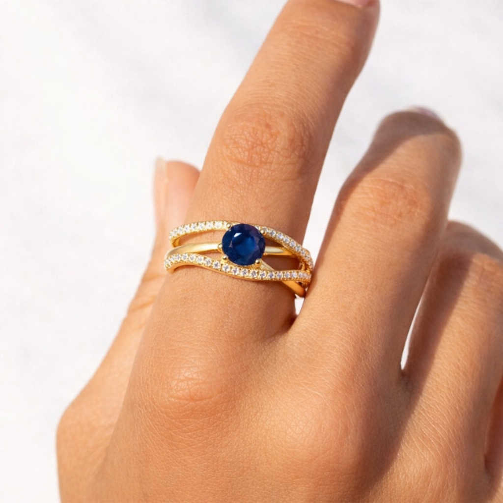 0.65 Ct Round Blue Sapphire and White Sapphire Prong 22k Gold Vermeil Pave Split Band Ring