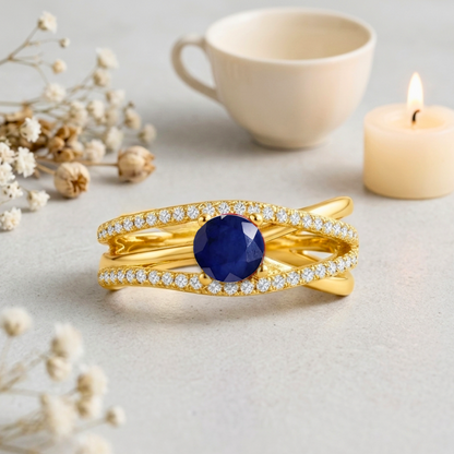 0.65 Ct Round Blue Sapphire and White Sapphire Prong 22k Gold Vermeil Pave Split Band Ring