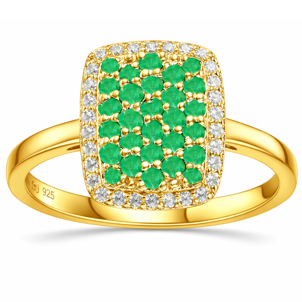 0.70 Ct Round Green Emerald Prong 22K Gold Vermeil Cushion Statement Ring