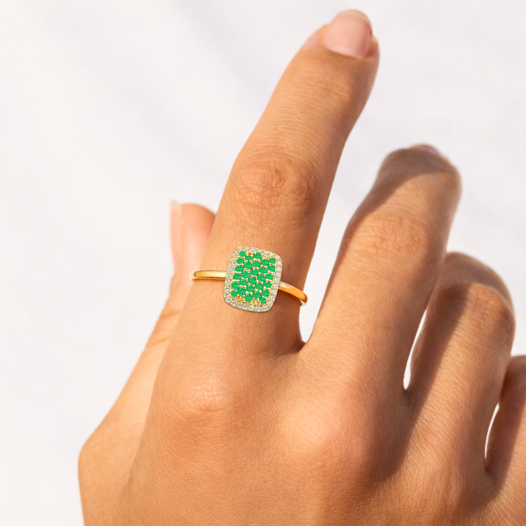 0.70 Ct Round Green Emerald Prong 22K Gold Vermeil Cushion Statement Ring