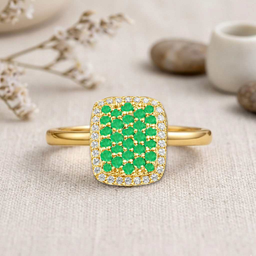 0.70 Ct Round Green Emerald Prong 22K Gold Vermeil Cushion Statement Ring