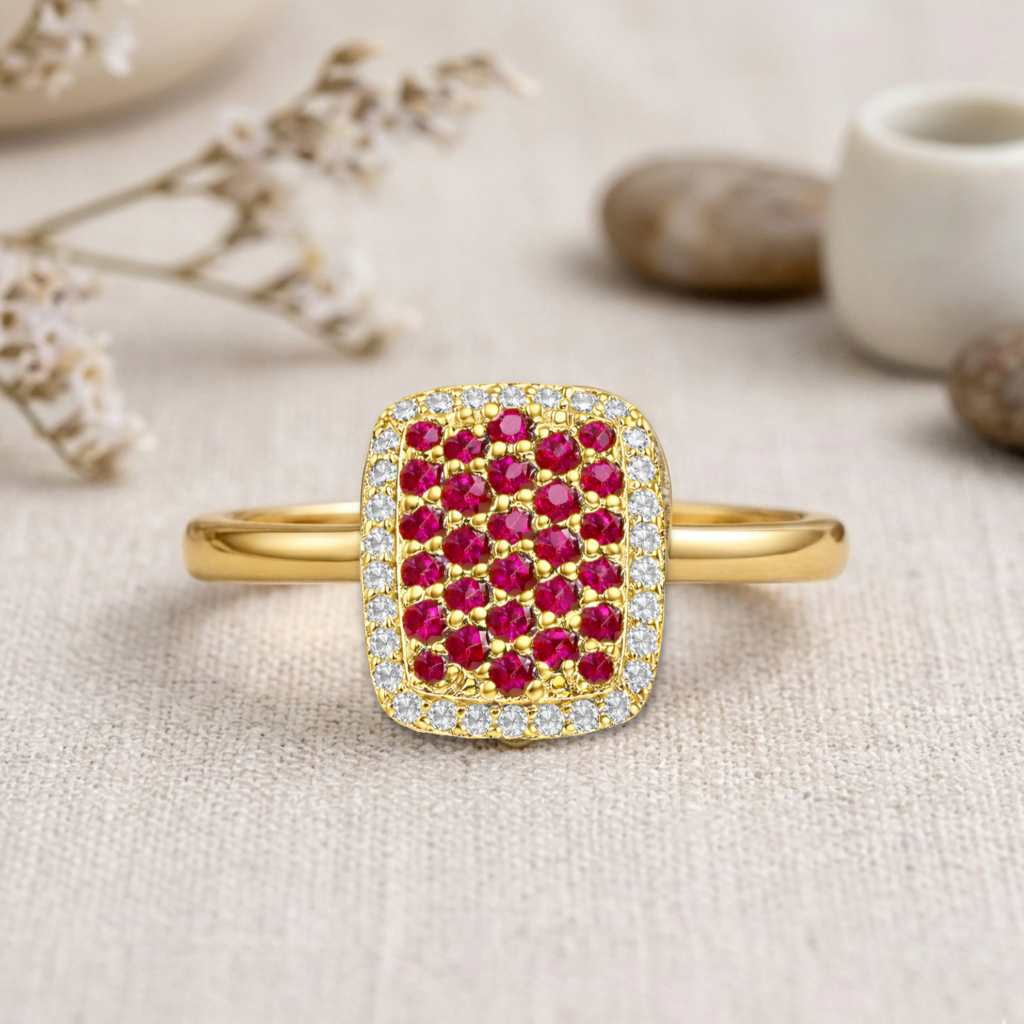 0.70 Ct Round Red Ruby 22k Gold Vermeil Statement Cluster Ring