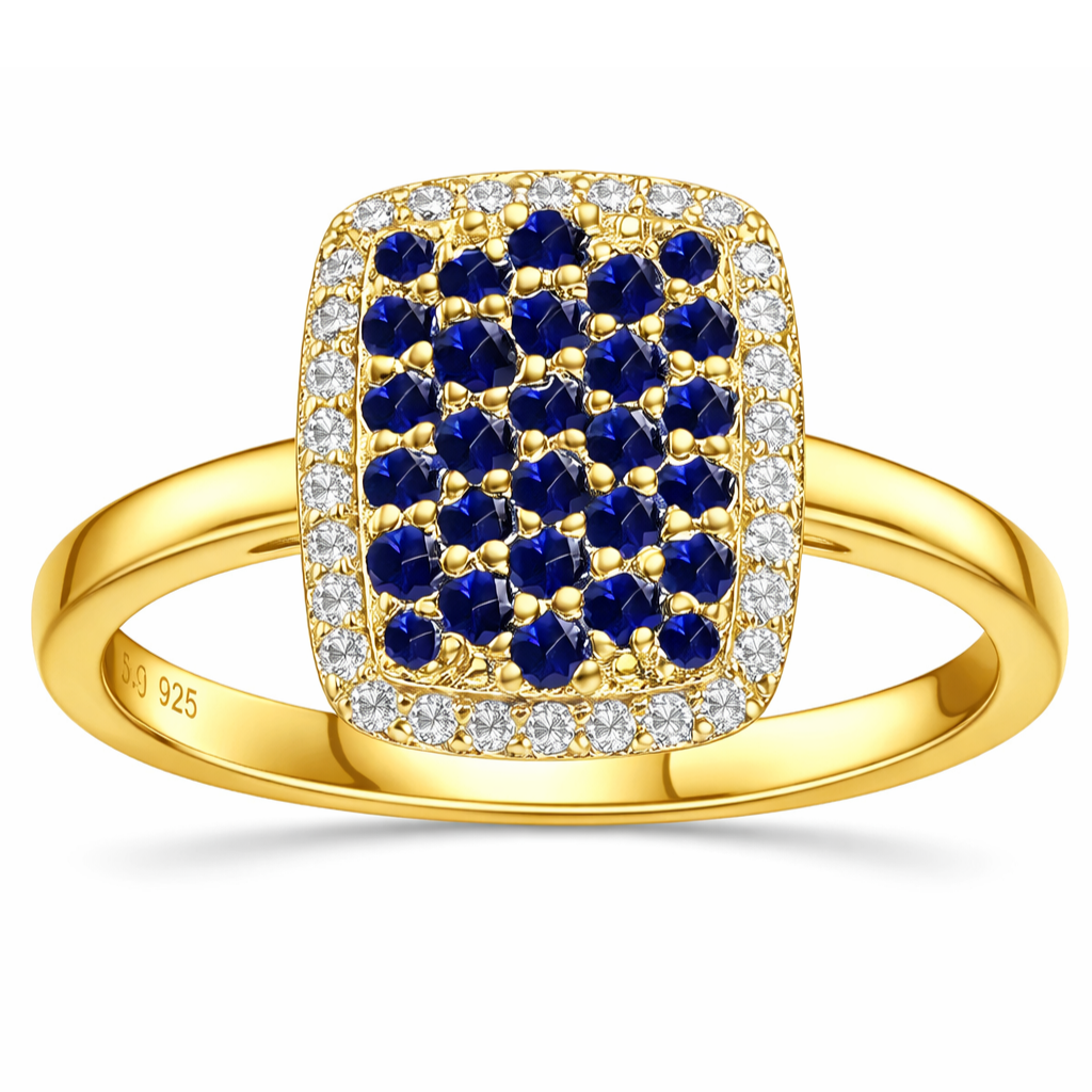 0.70 Ct Round Blue Sapphire Prong 22k Gold Vermeil Cushion Statement Ring
