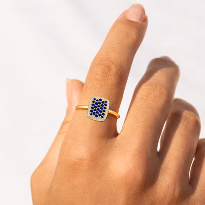 0.70 Ct Round Blue Sapphire Prong 22k Gold Vermeil Cushion Statement Ring