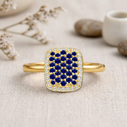 0.70 Ct Round Blue Sapphire Prong 22k Gold Vermeil Cushion Statement Ring